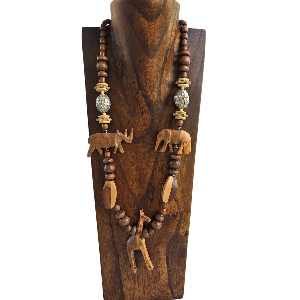 Vintage Safari Animal Charm Necklace Carved Wood Beads & Shell Inlay